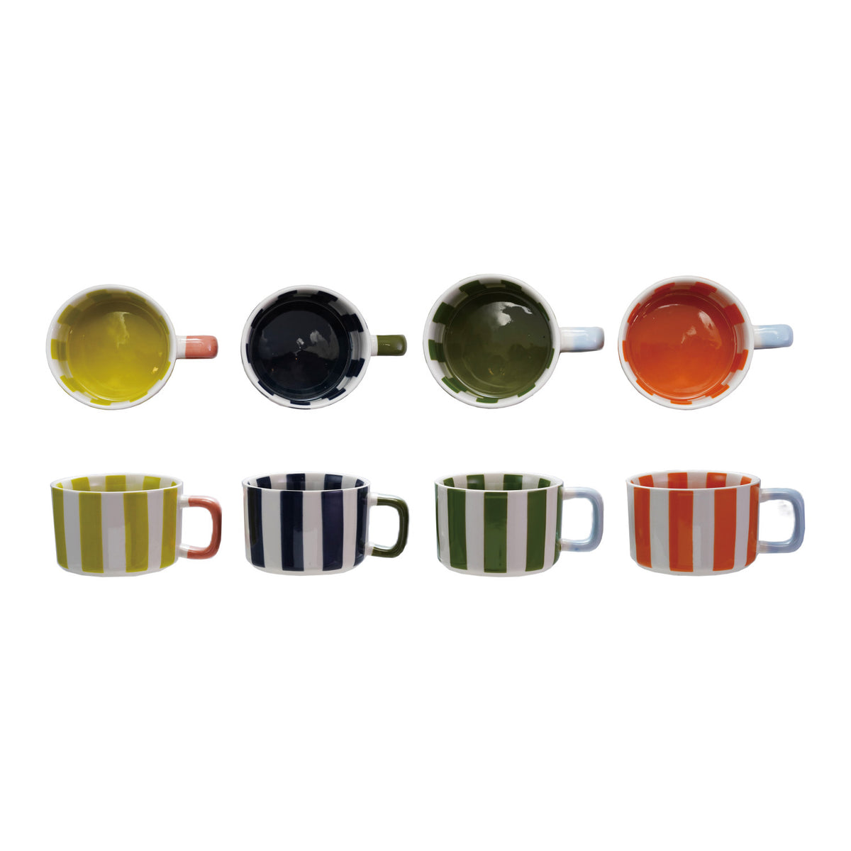 Market Stripe 14 oz hand-painted stoneware mugs in chartreuse, navy, olive green and orange