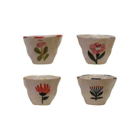 Wildflower Garden 6 oz hand-painted stoneware cups with four colorful floral designs