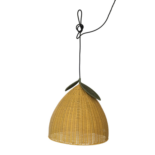 Hand-woven yellow lemon rattan pendant light with green leaves and black fabric cord