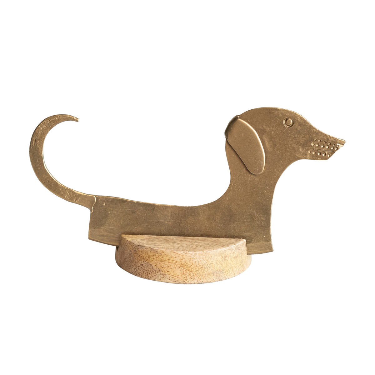 Dapper Dachshund dog shaped hand-forged metal cheese knife with antique brass finish and mango wood stand
