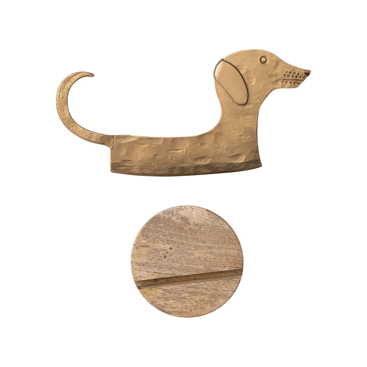 Dapper Dachshund dog shaped hand-forged metal cheese knife with antique brass finish and mango wood stand
