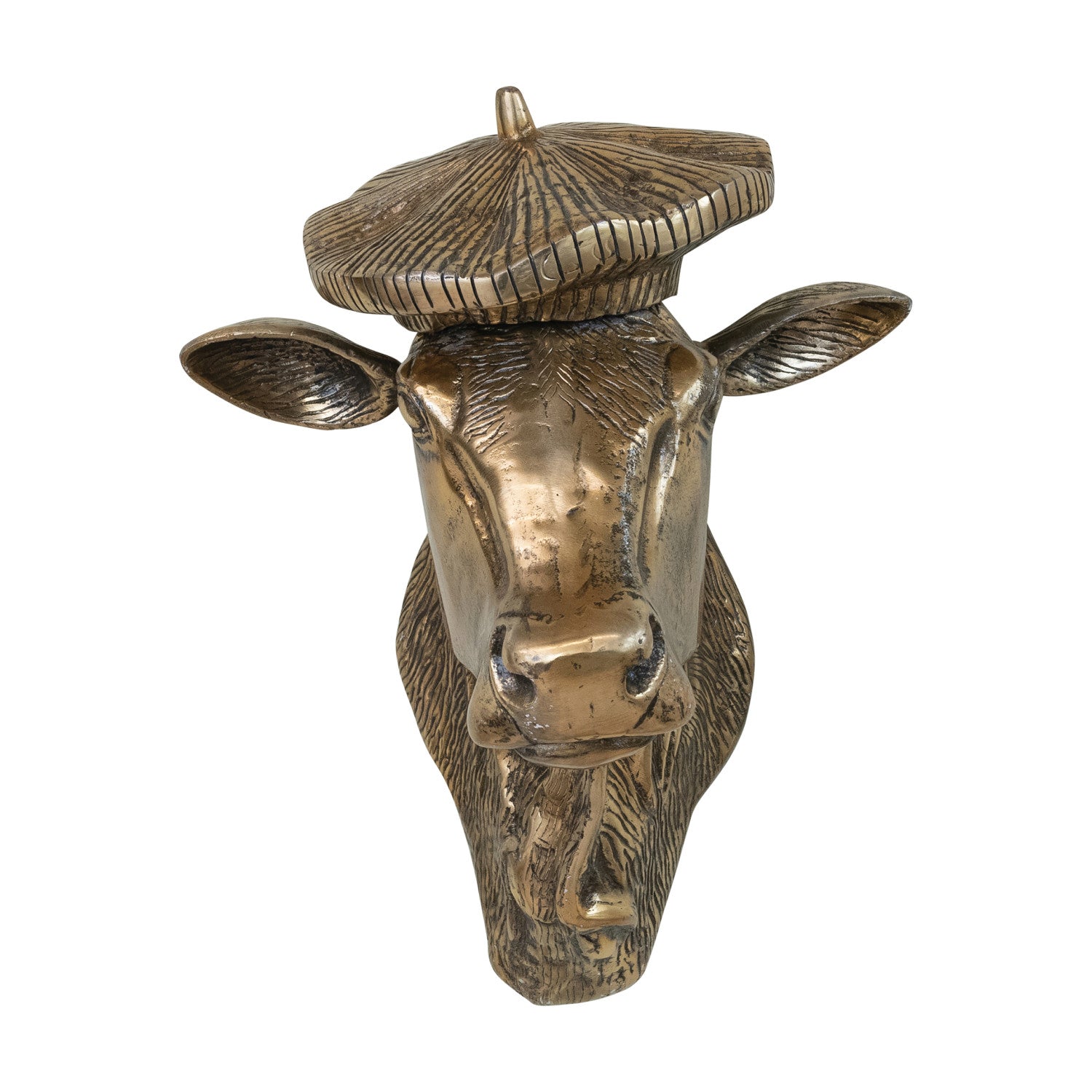 Front view of 21-inch antique gold cow head with beret wall décor