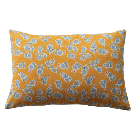 Mustard yellow floral cotton linen lumbar pillow with embroidered pig design, 24 x 16 inches