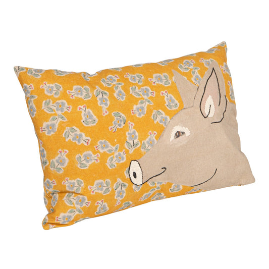 Mustard yellow floral cotton linen lumbar pillow with embroidered pig design, 24 x 16 inches
