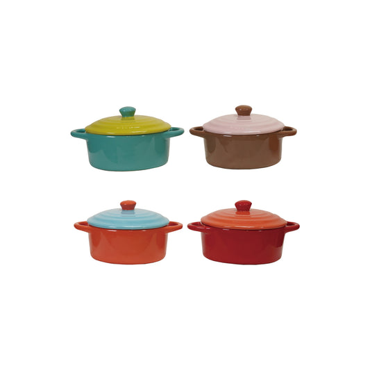 Four colorful two-tone 1⅓ cup mini stoneware bakers with lids and side handles
