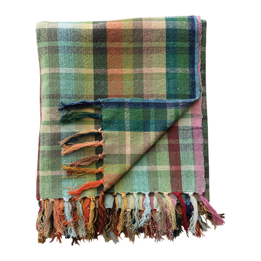 The Briar Plaid multicolor woven cotton throw blanket with fringe in green blue rust pink and neutral tones