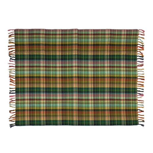 50x60 Briar Plaid woven cotton throw blanket with multicolor plaid pattern and fringe