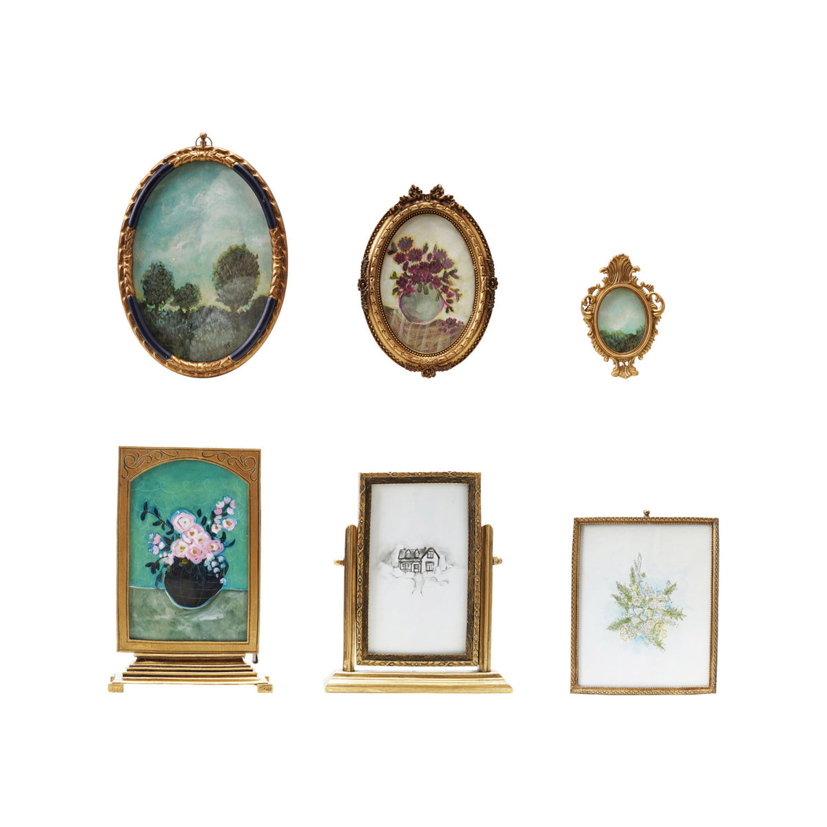 Six vintage-inspired gold pewter and glass picture frames in ornate oval and rectangular styles with artwork