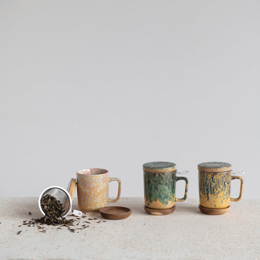 10 oz reactive glaze stoneware tea infuser mugs with metal strainers, lids and acacia wood saucers in three colors