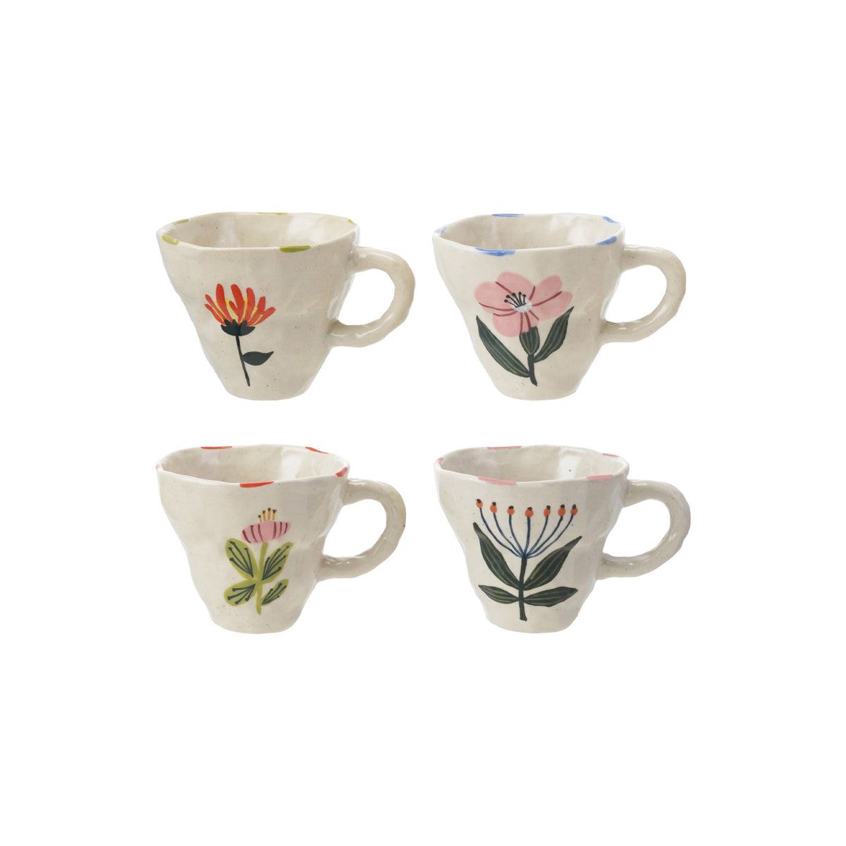 Four hand-painted 10 oz stoneware floral mugs with colorful wildflower designs and organic shapes