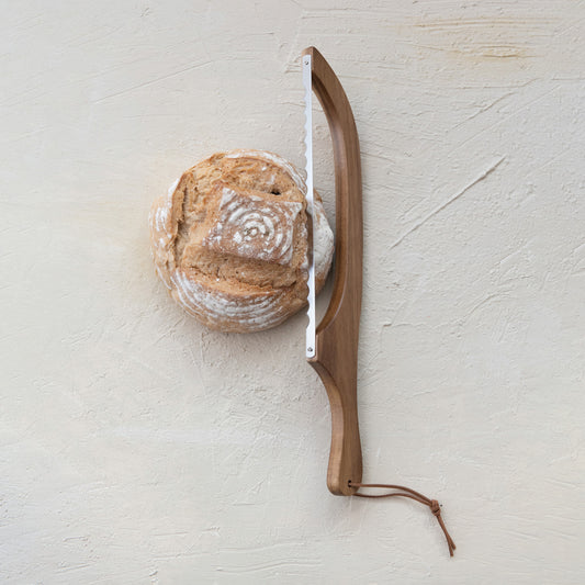Natural acacia wood bread bow knife with stainless steel blade for slicing sourdough and artisan bread