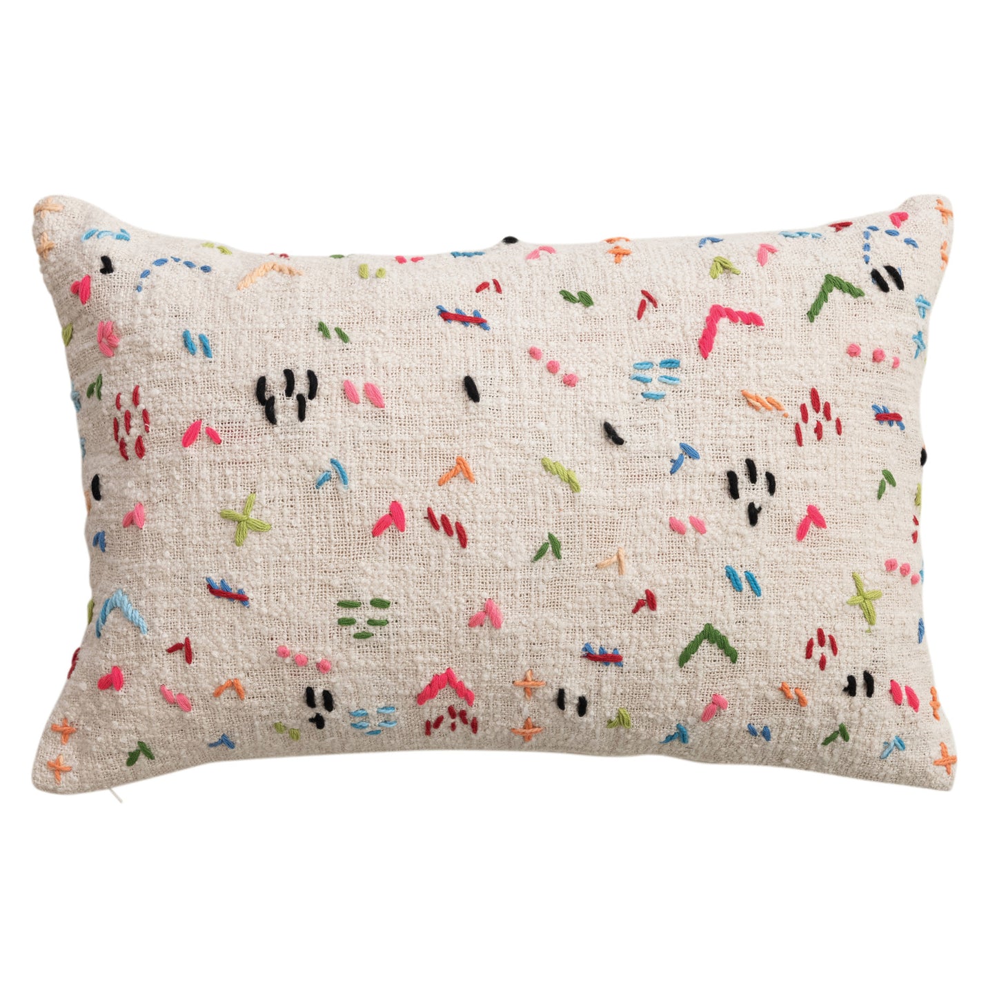 Colorful hand embroidered cotton lumbar pillow with multicolor stitching on natural cream fabric
