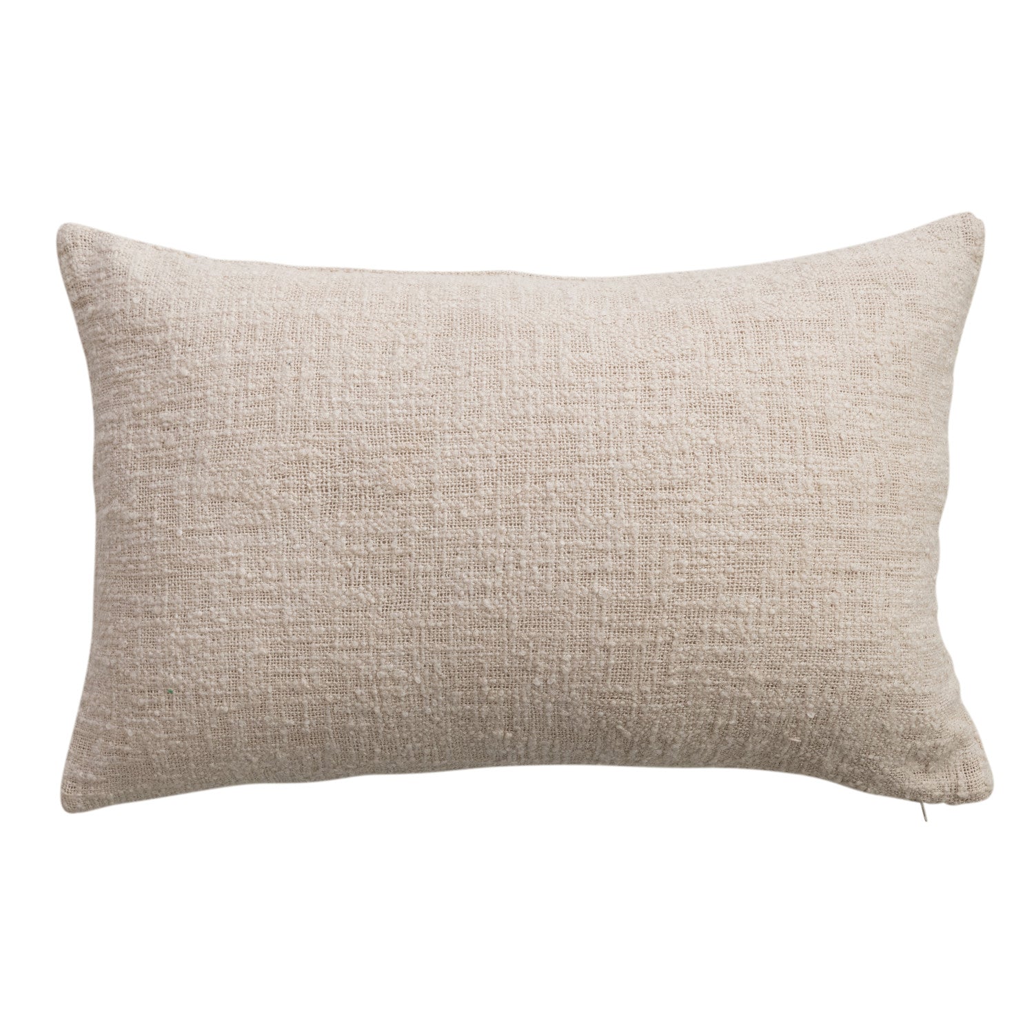 Colorful hand embroidered cotton lumbar pillow with multicolor stitching on natural cream fabric
