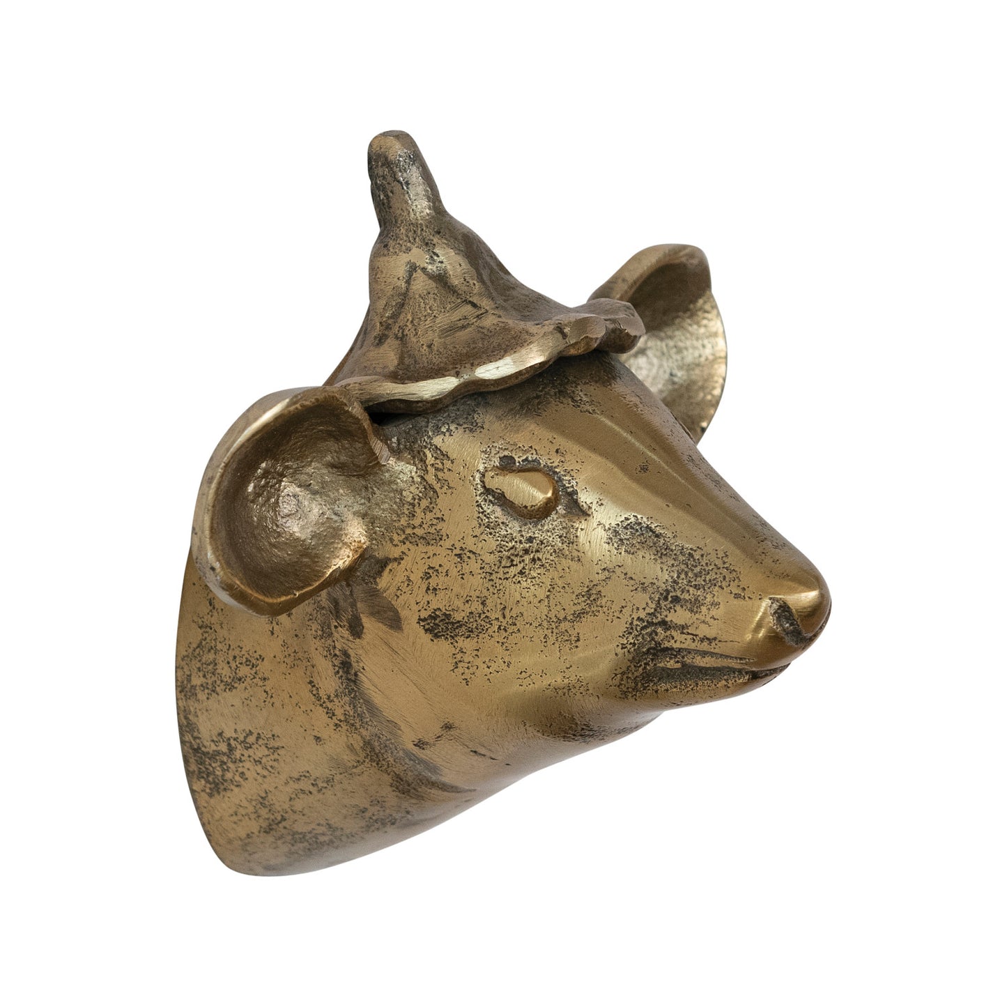 Side profile of cast aluminum mouse head with hat in antique brass finish
