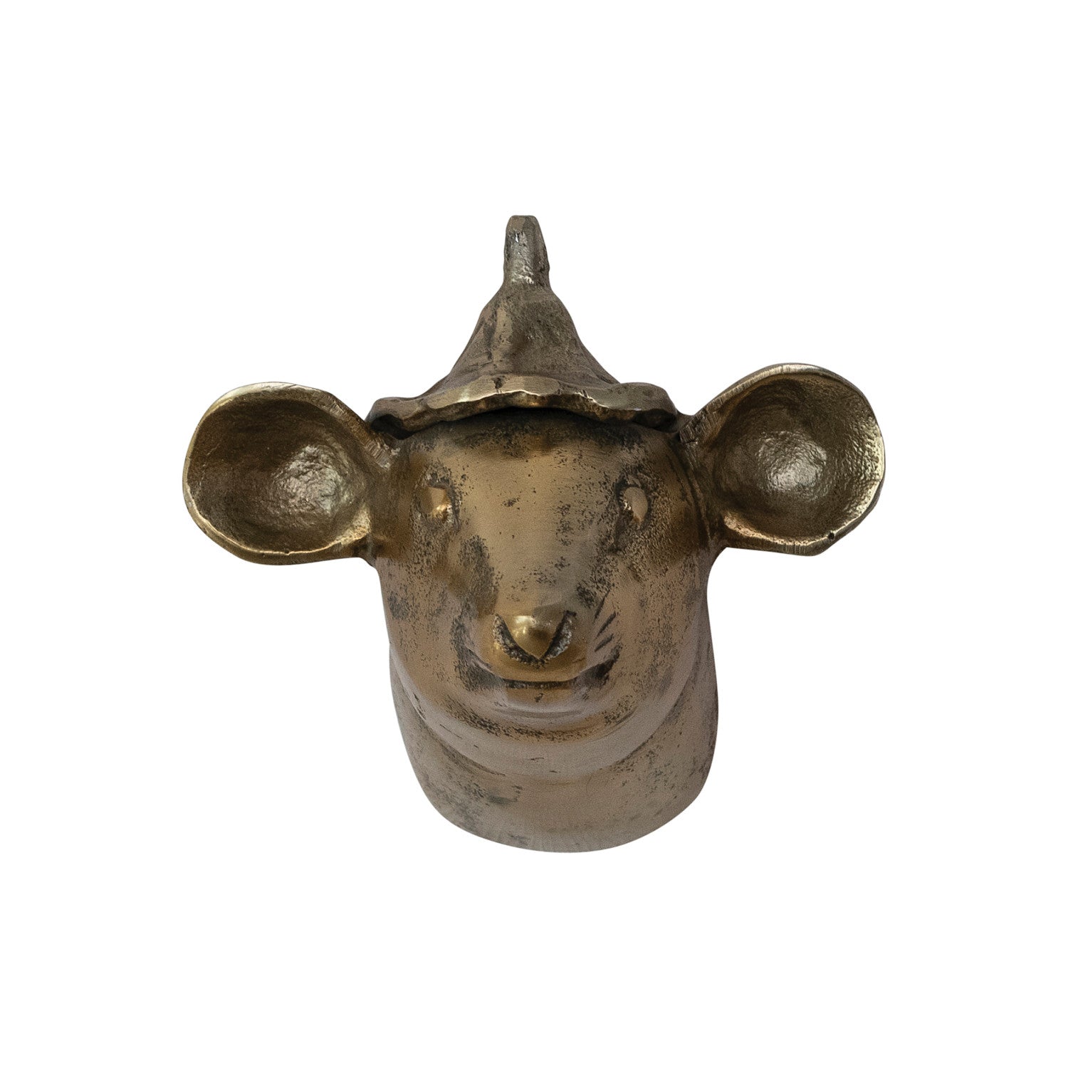 Front view of antique brass mouse head with hat wall décor