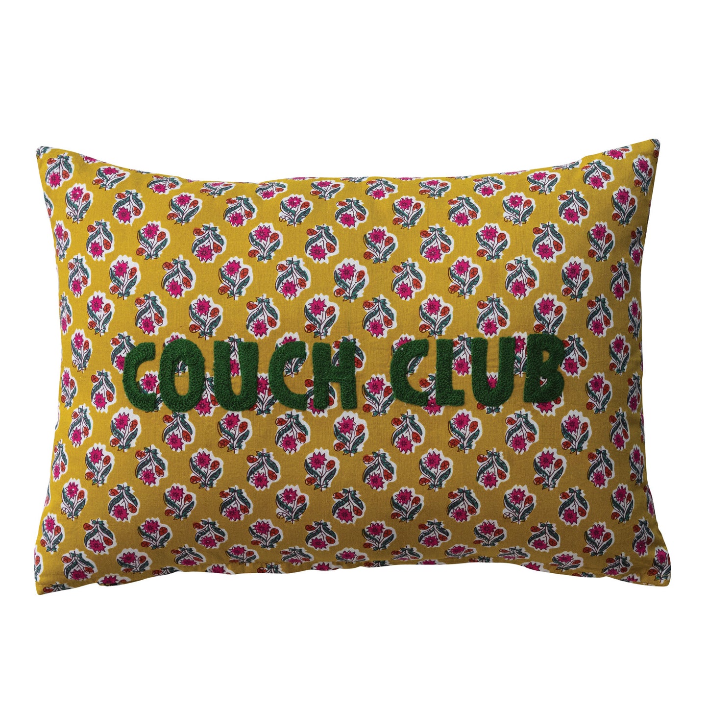 Couch Club floral lumbar pillow with mustard yellow cotton cover and green embroidered lettering