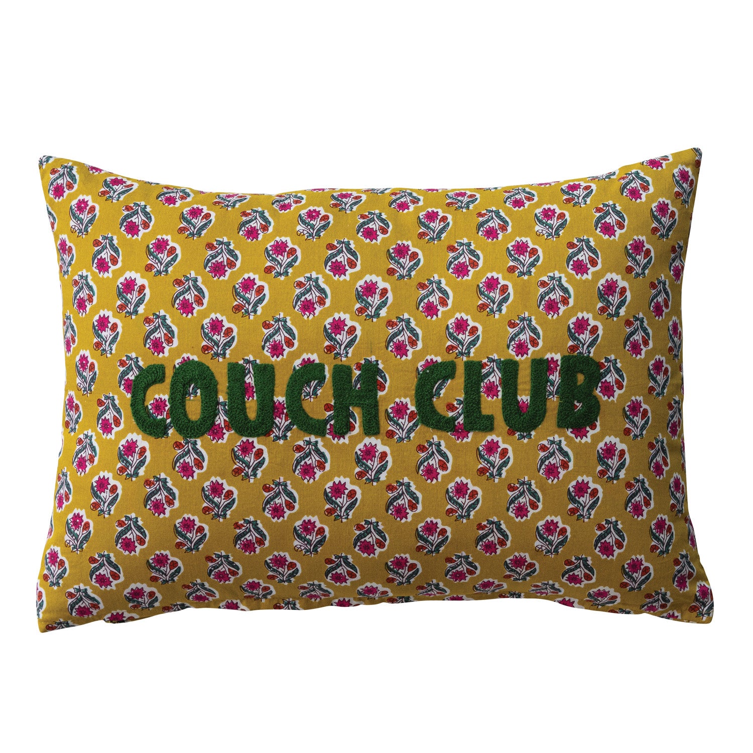 Couch Club floral lumbar pillow with mustard yellow cotton cover and green embroidered lettering
