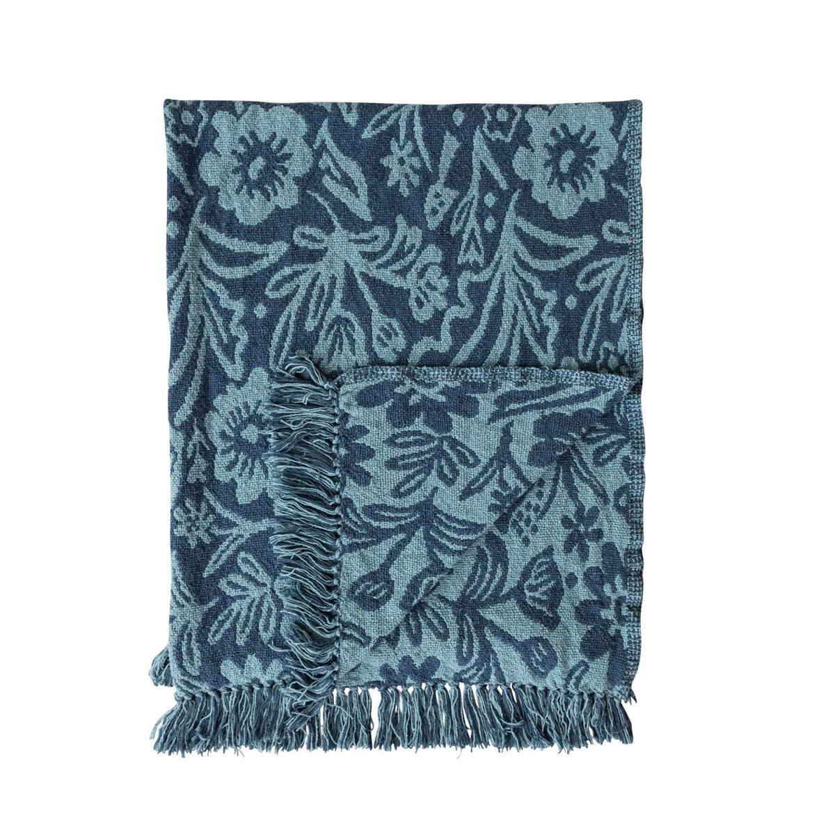 Blue floral woven throw blanket with fringe in recycled cotton blend