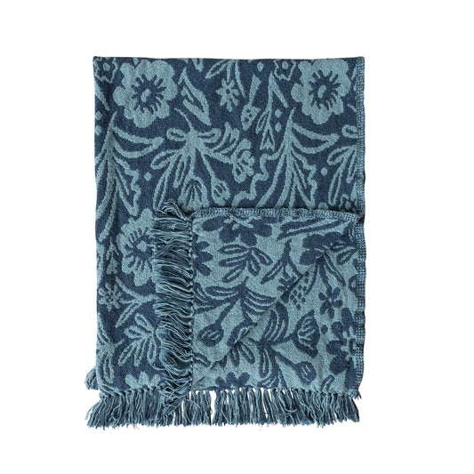 Blue floral woven throw blanket with fringe in recycled cotton blend