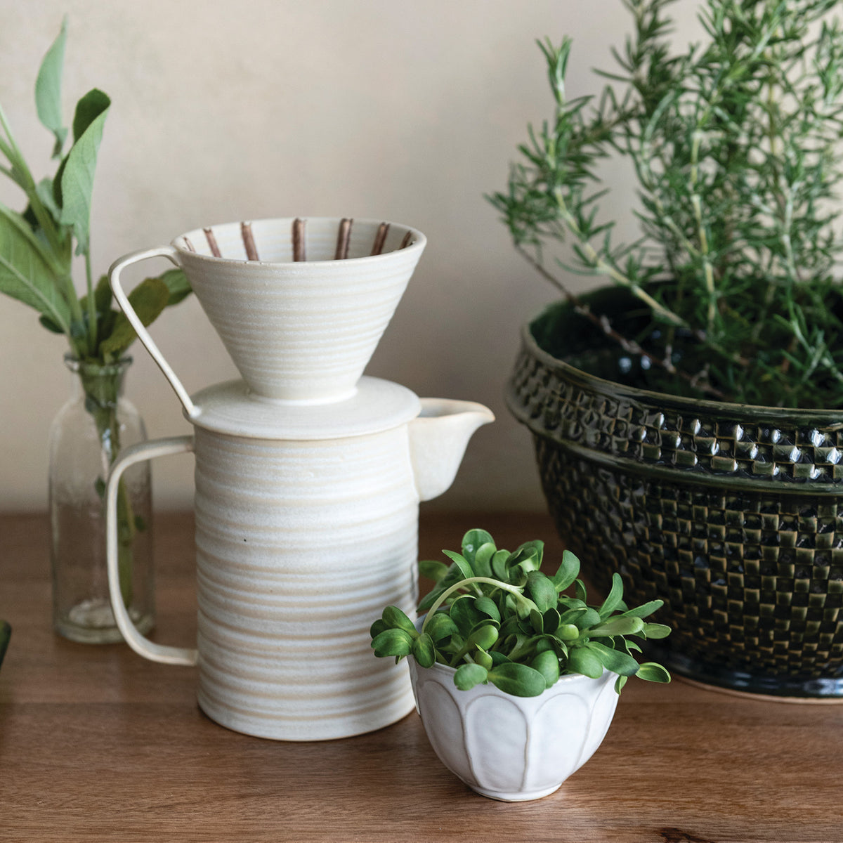 Cream stoneware pour over coffee set with 24 oz pot and striped dripper