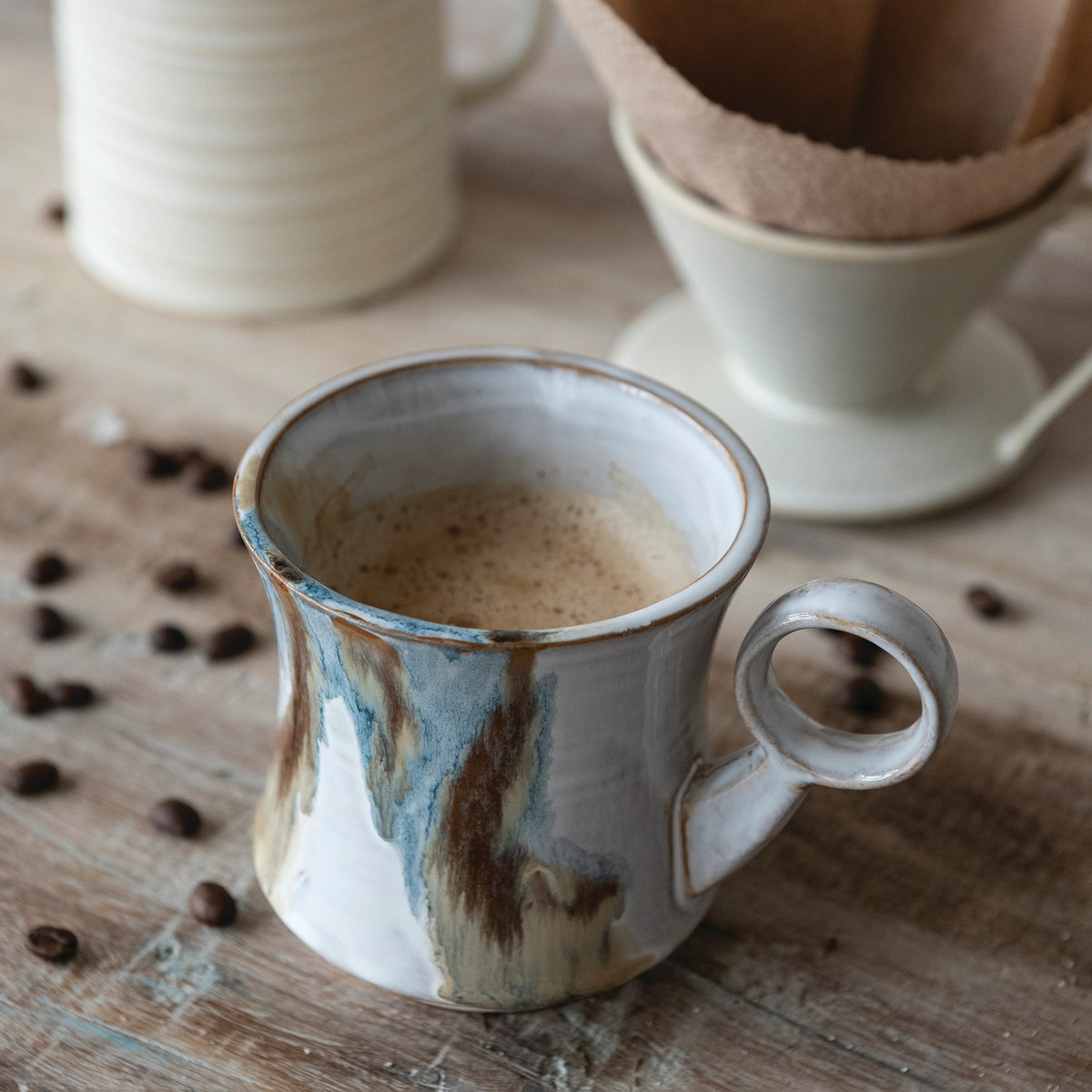 Cream stoneware pour over coffee set with 24 oz pot and striped dripper