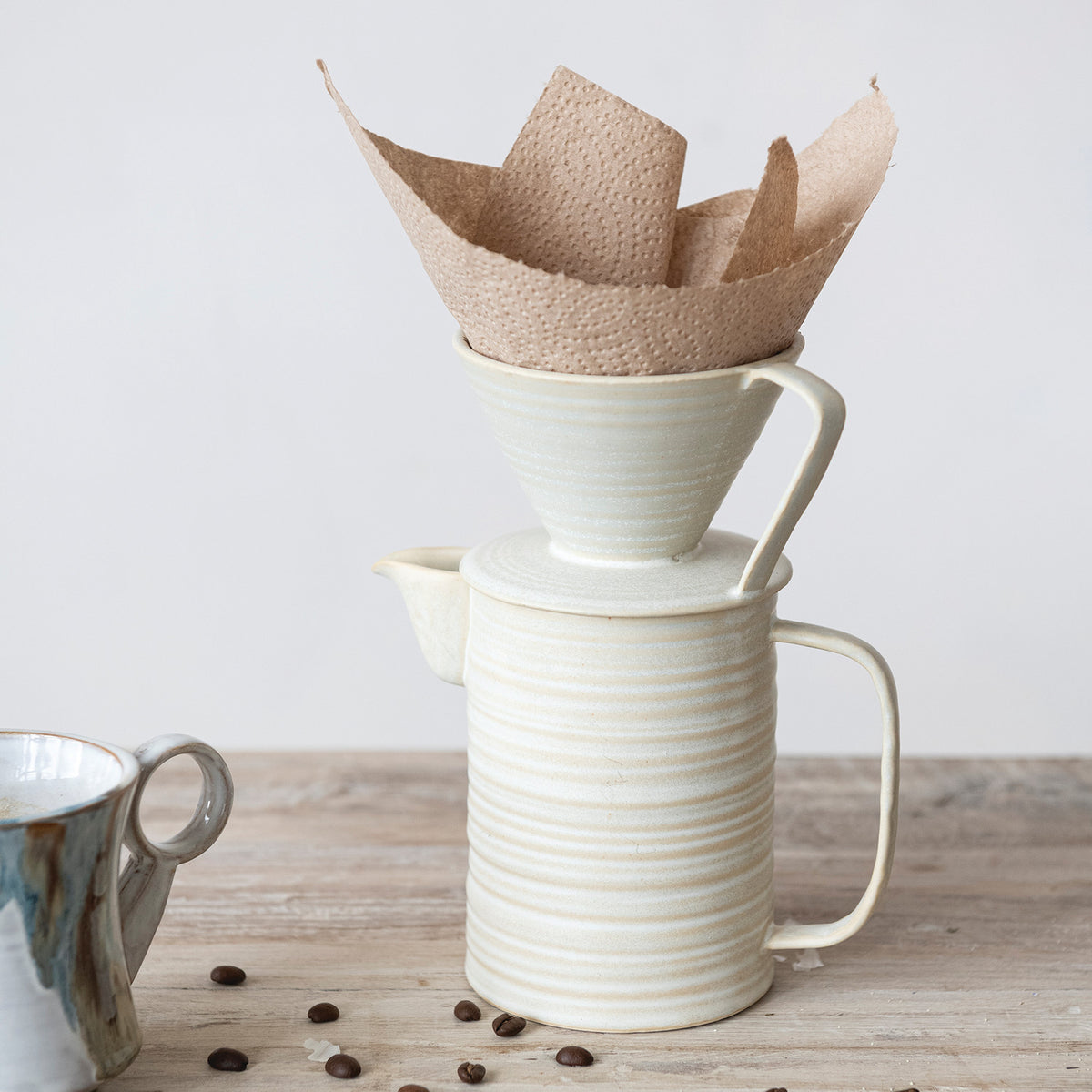 Cream ribbed stoneware pour over coffee maker with pot and dripper