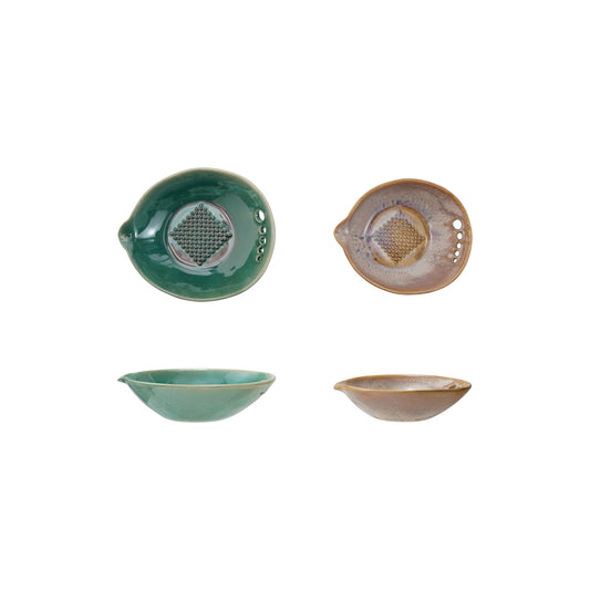 Green and neutral stoneware garlic and ginger graters with built-in herb strippers
