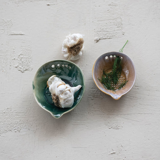 Green and neutral stoneware garlic and ginger graters with built-in herb strippers
