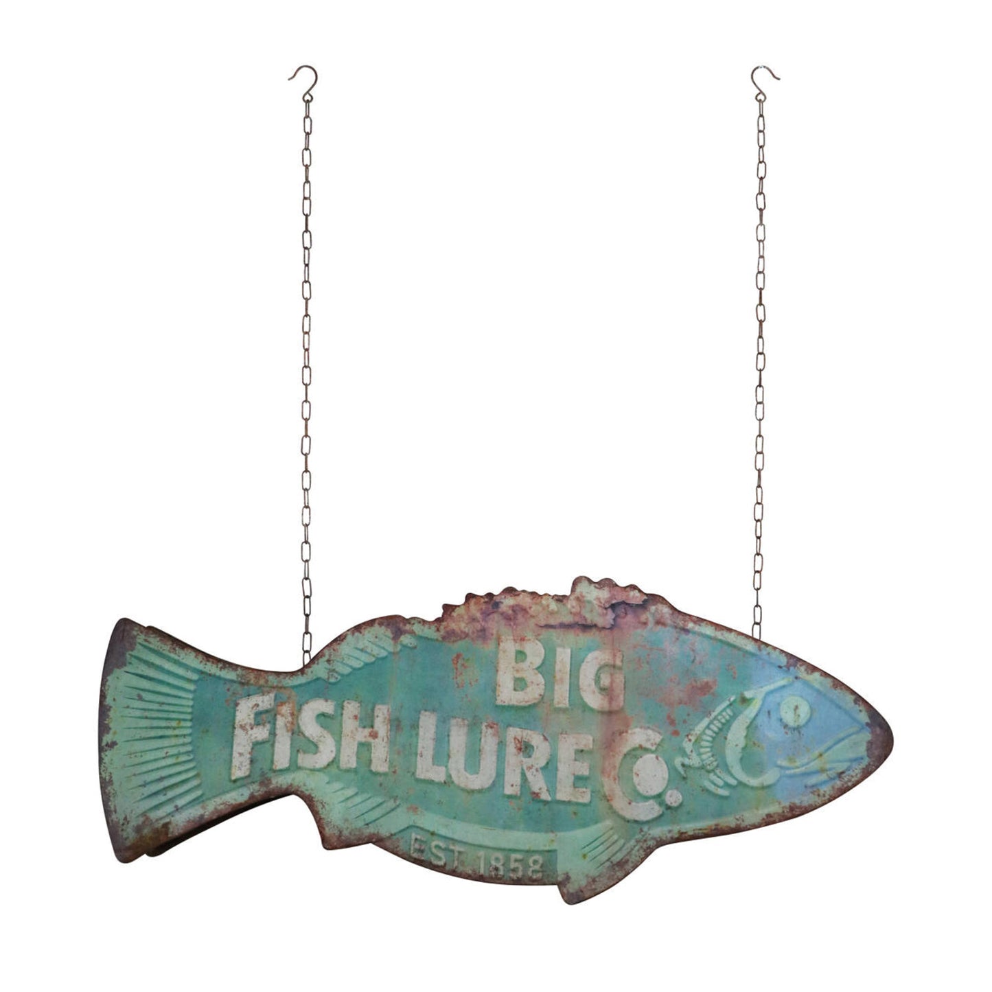 48 inch Big Fish Lure Co distressed aqua metal fish wall sign with hanging chains
