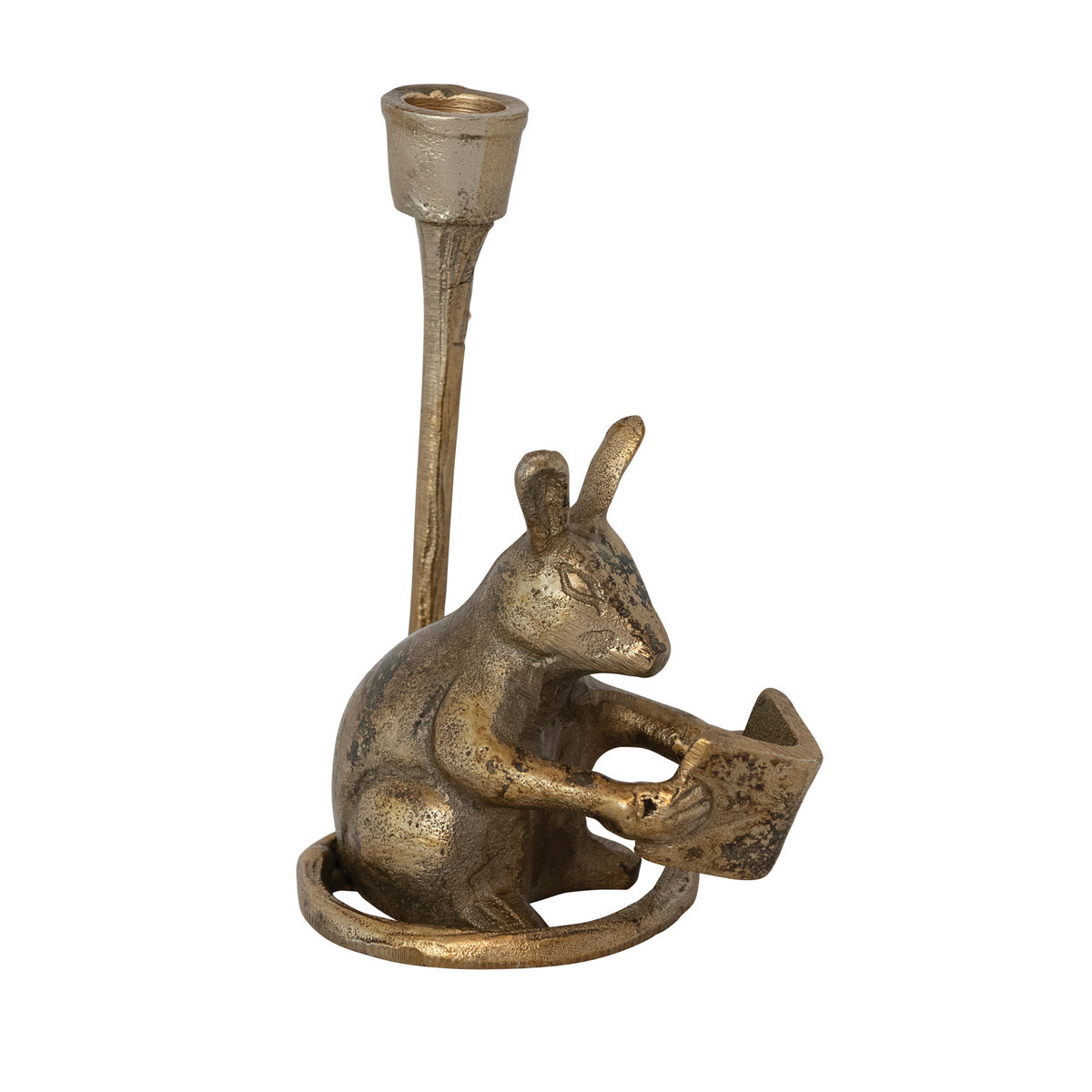 Antique gold cast aluminum reading mouse taper candle holder with book

