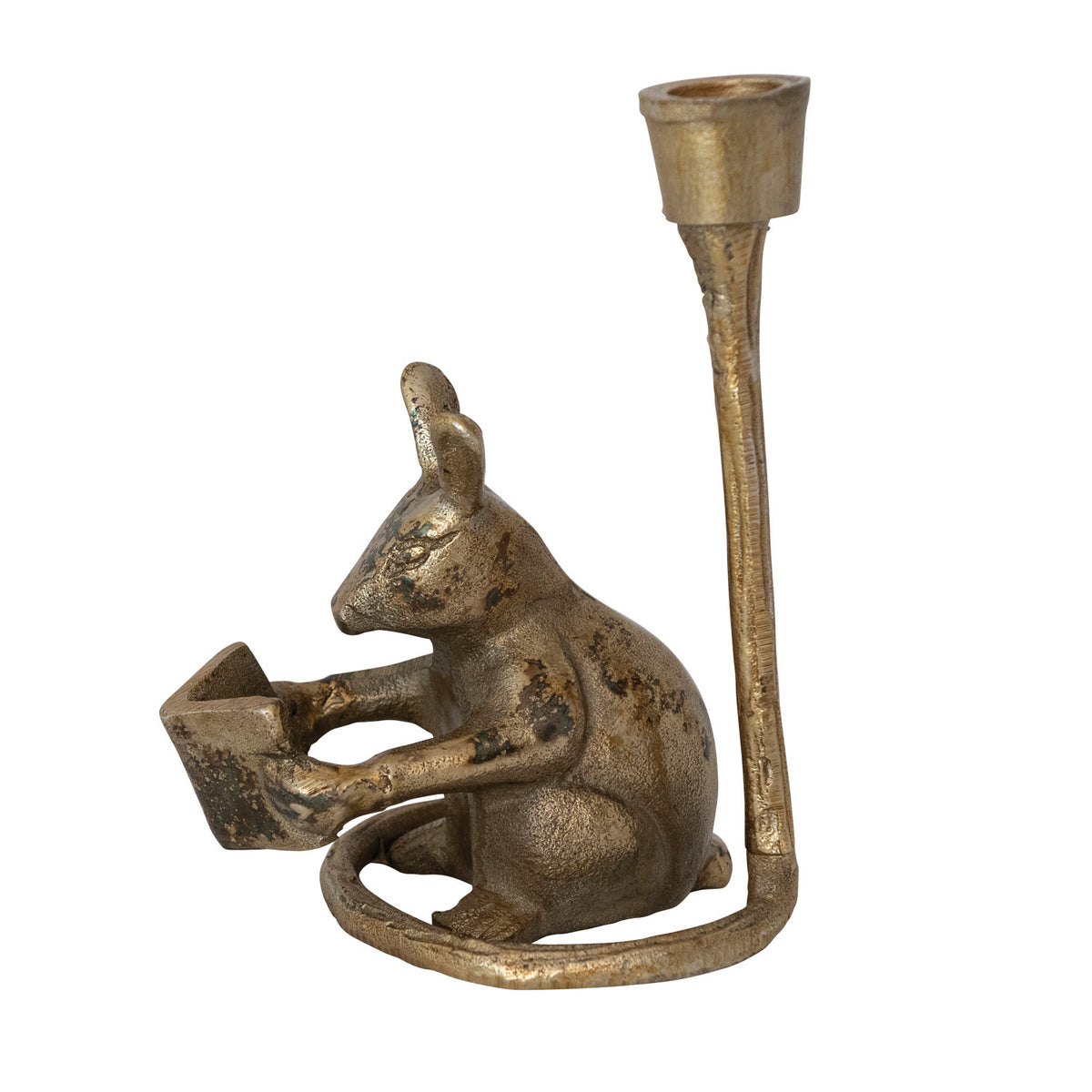 Antique gold cast aluminum reading mouse taper candle holder with book

