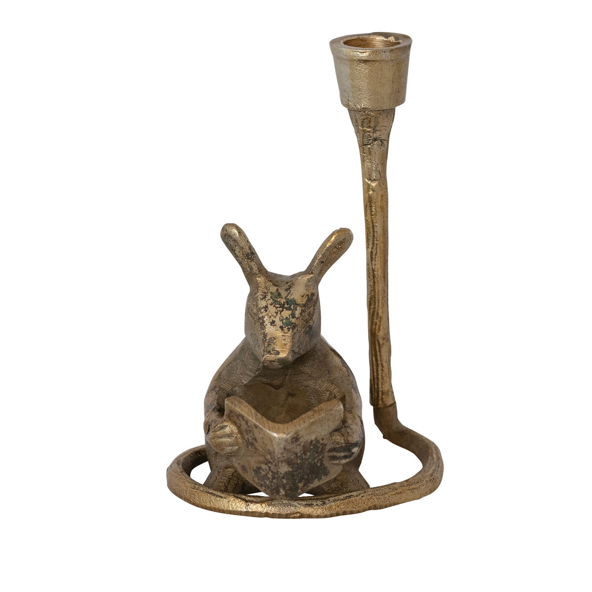 Antique gold cast aluminum reading mouse taper candle holder with book
