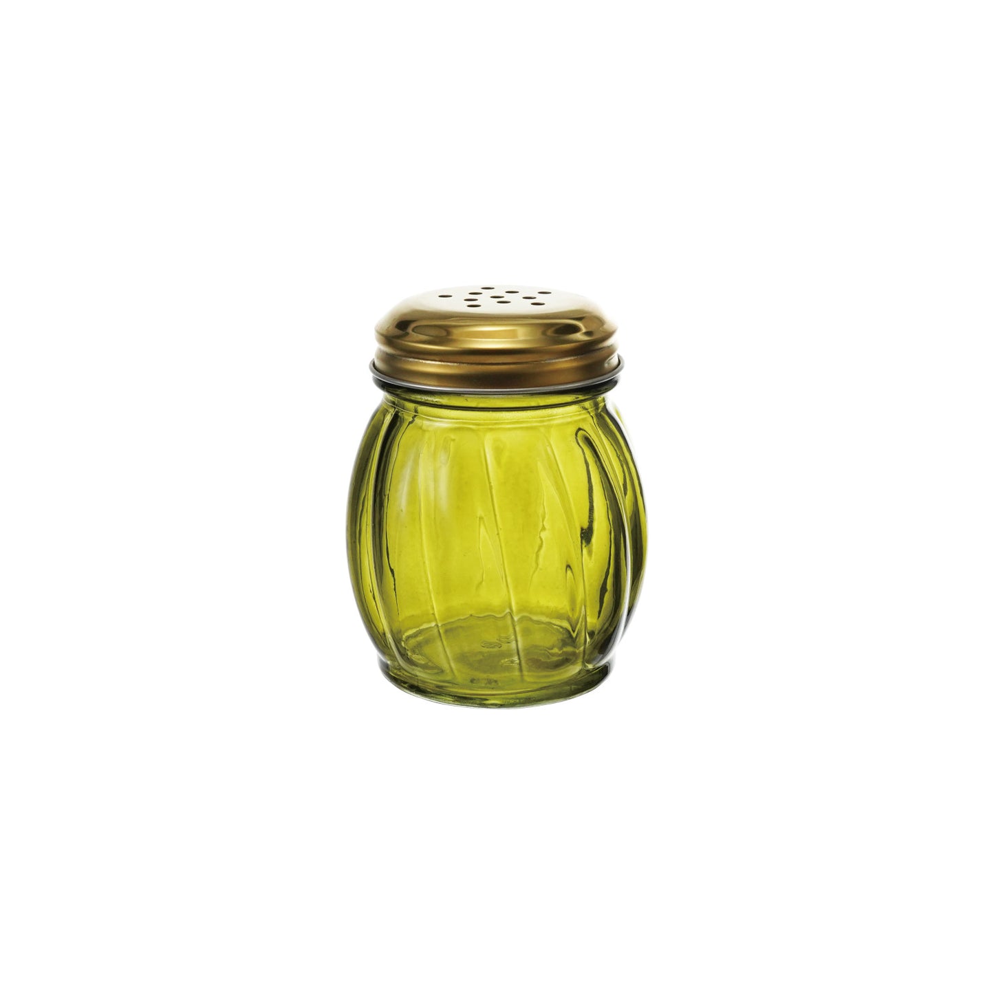 Olive green ribbed glass cheese and spice shaker with gold metal lid