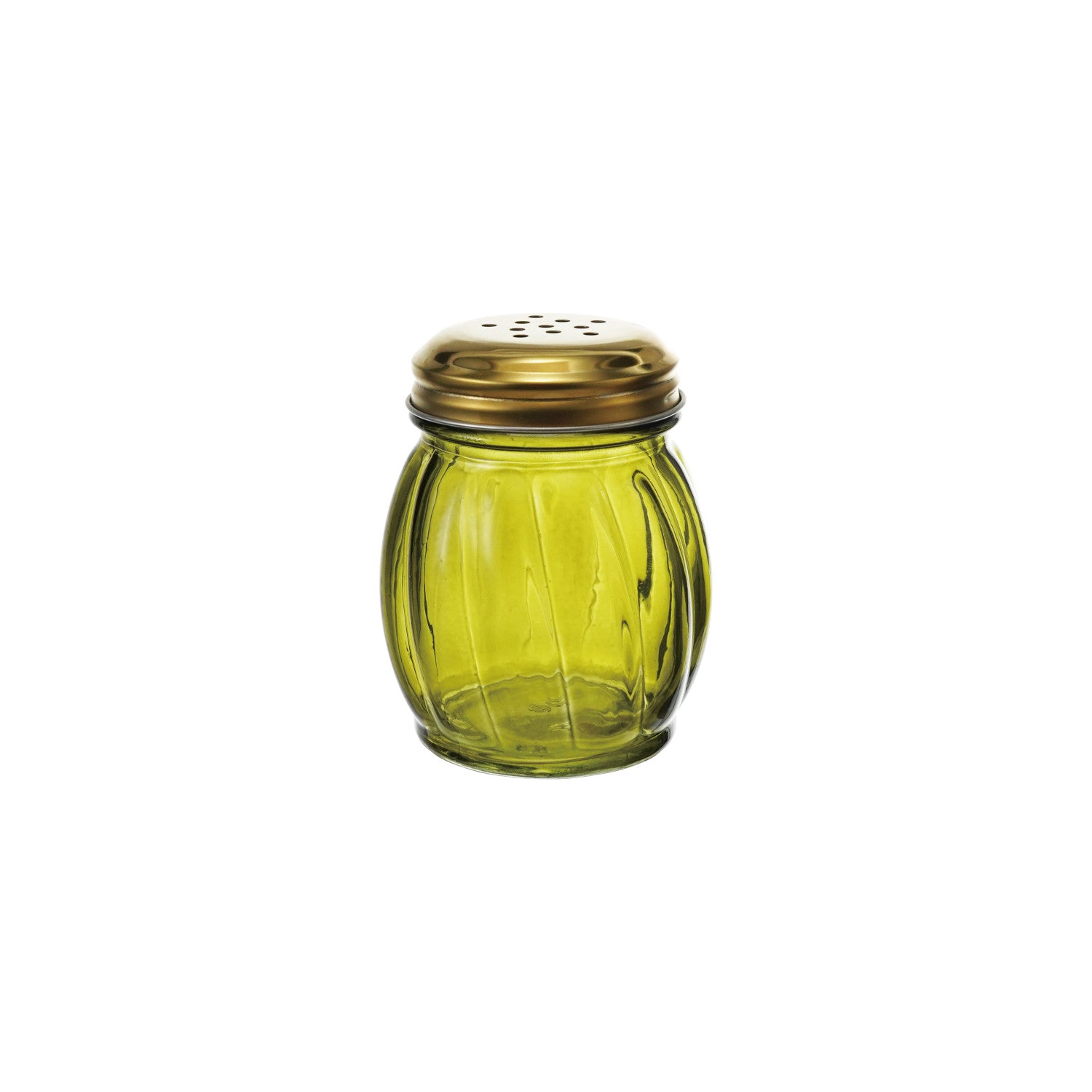 Olive green ribbed glass cheese and spice shaker with gold metal lid