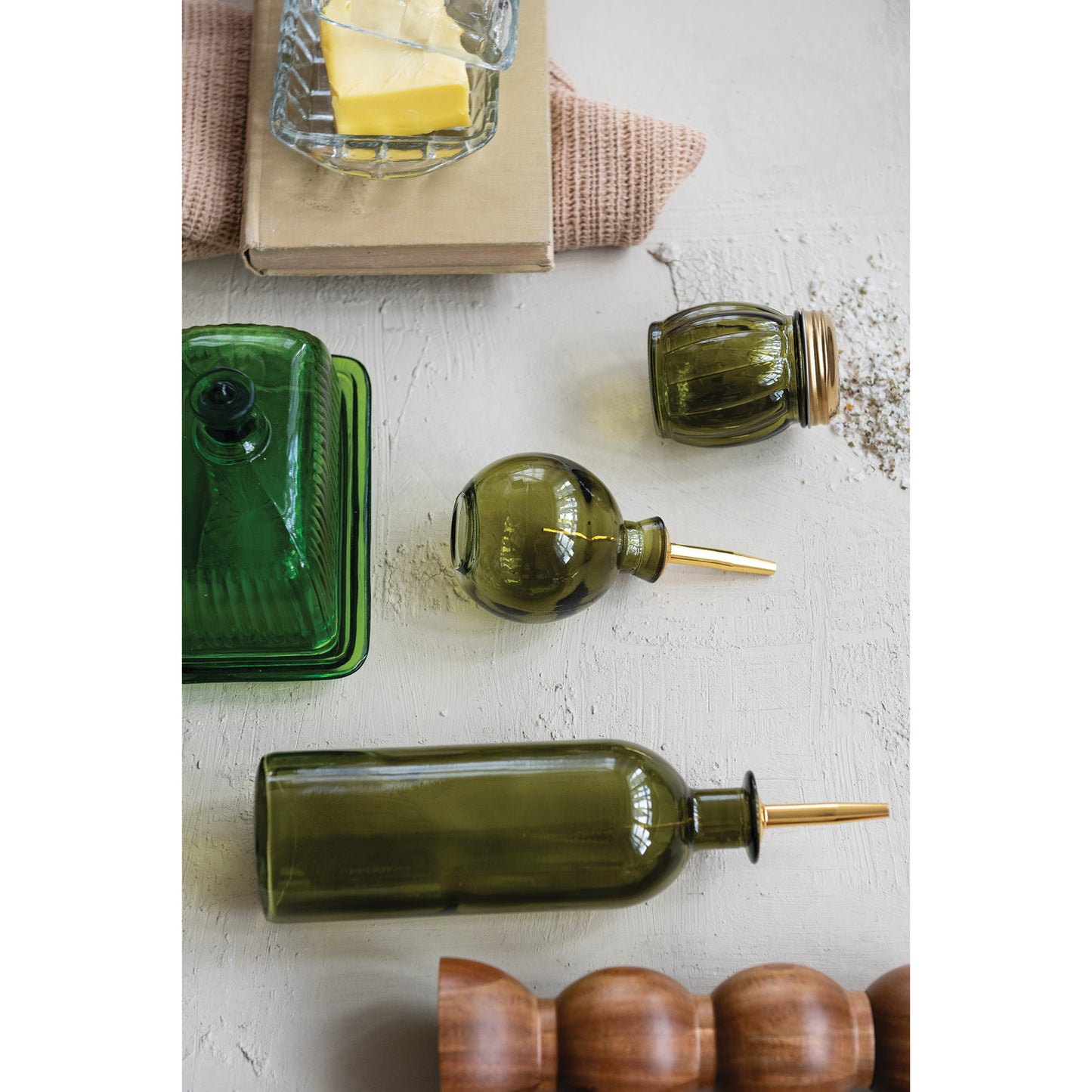 Olive Green Glass Cheese & Spice Shaker with Gold Lid