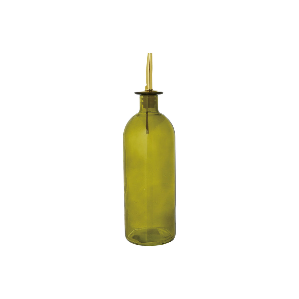 Olive green glass olive oil cruet with gold metal pour spout
