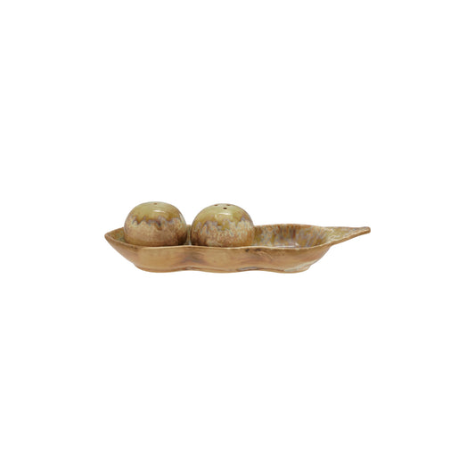 Green stoneware peas in a pod salt and pepper shaker set with reactive glaze