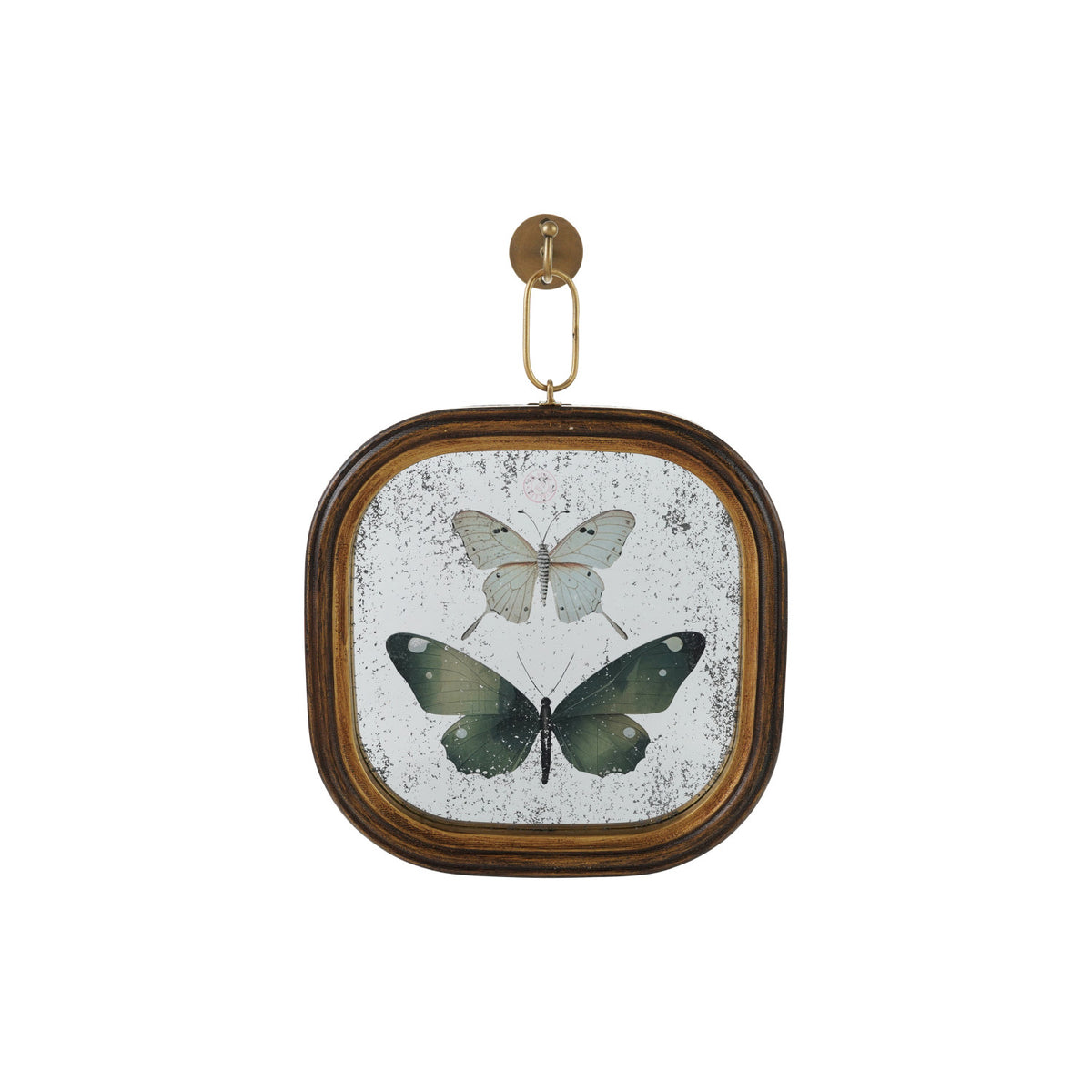 Vintage butterfly antique wall mirror with wood frame, gold chain and coordinating metal wall hook
