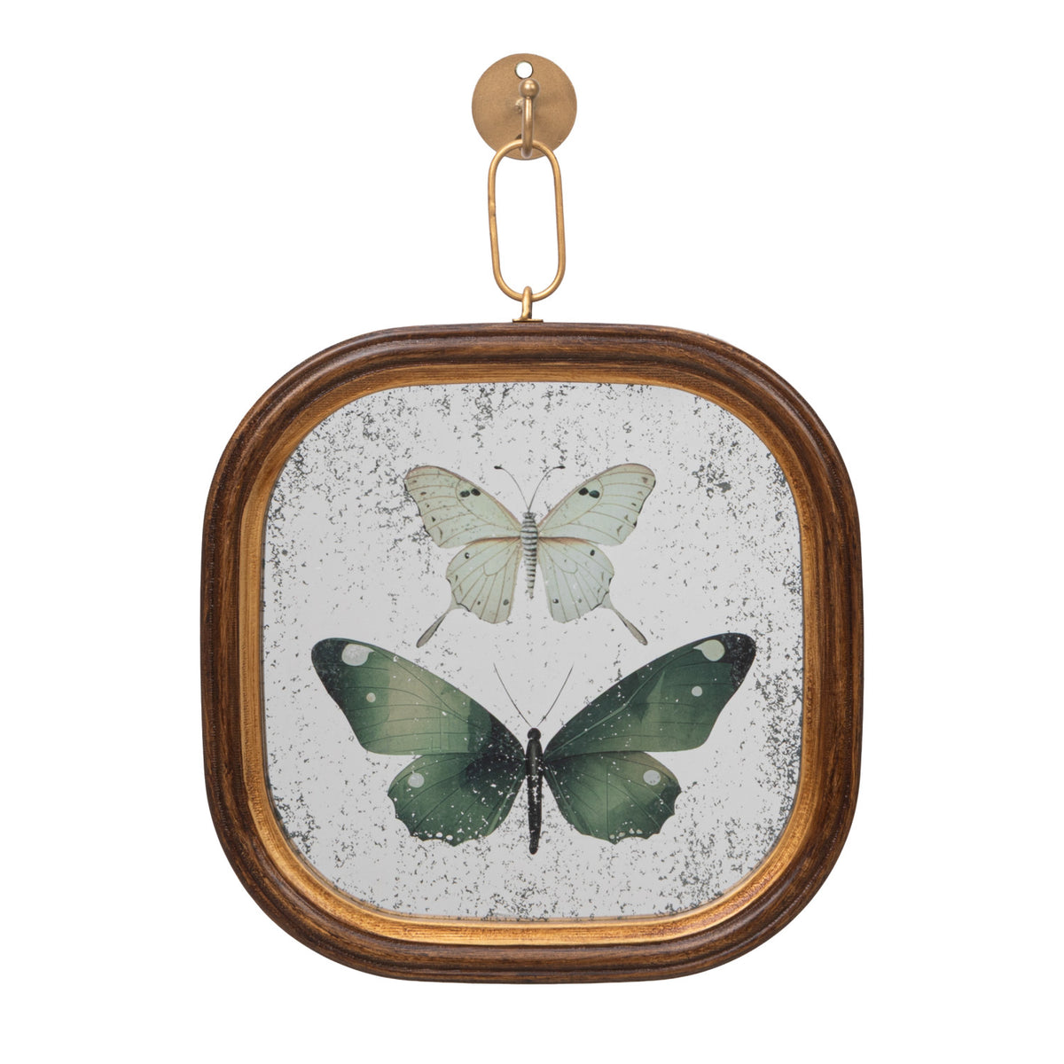 Vintage butterfly antique wall mirror with wood frame, gold chain and coordinating metal wall hook