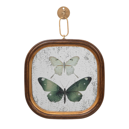 Vintage butterfly antique wall mirror with wood frame, gold chain and coordinating metal wall hook