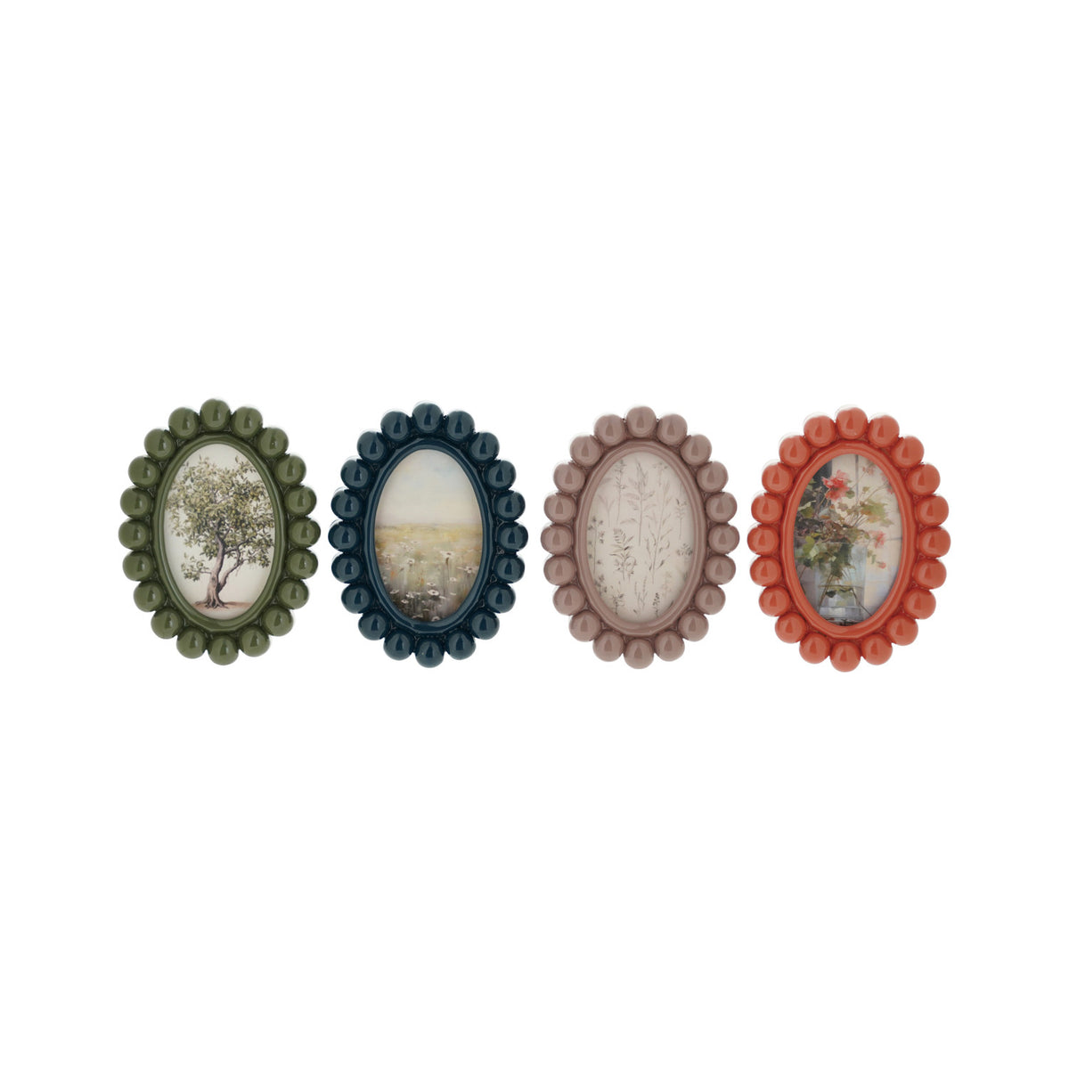 Oval resin magnetic photo frames in olive green, navy blue, taupe and coral
Lifestyle image: