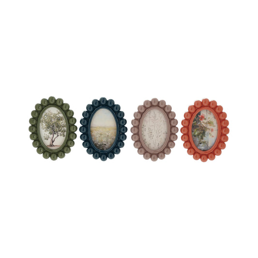 Oval resin magnetic photo frames in olive green, navy blue, taupe and coral
Lifestyle image: