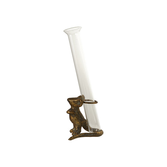 Cast iron mouse bud vase with removable clear glass test tube in antique gold finish