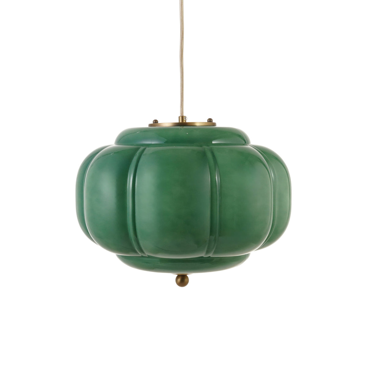 Emerald green opaque glass vintage pendant light with gold finish and fabric cord