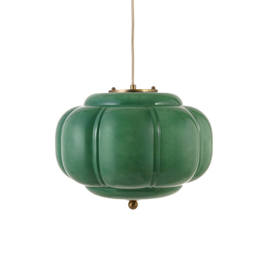 Emerald green opaque glass vintage pendant light with gold finish and fabric cord