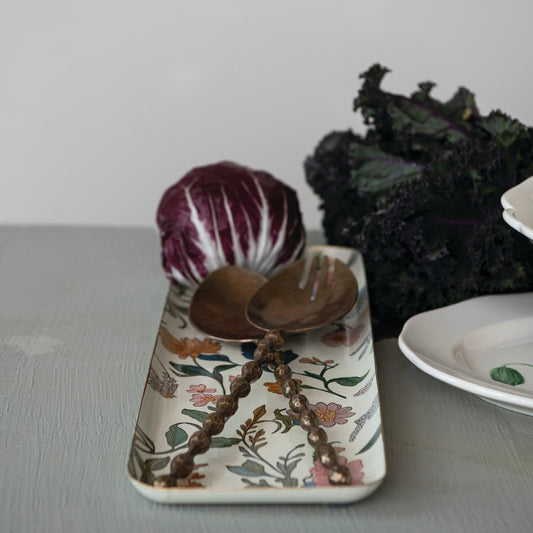 Vintage inspired cream decorative metal tray with colorful botanical floral pattern