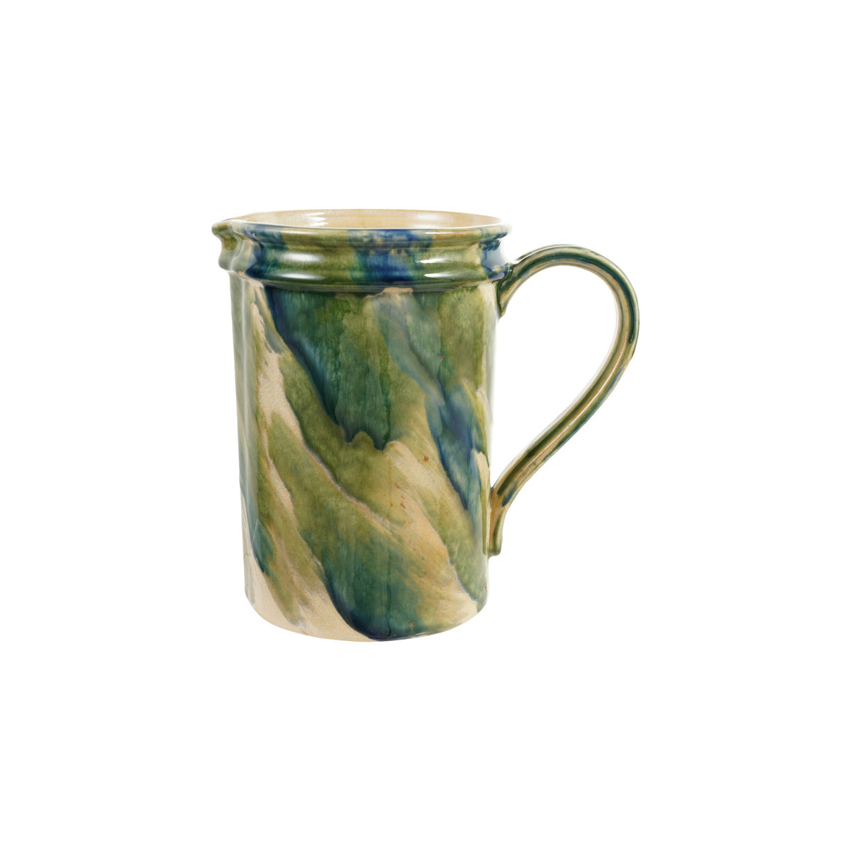 Hand-painted 2 quart stoneware jug with green blue and cream marbled reactive glaze