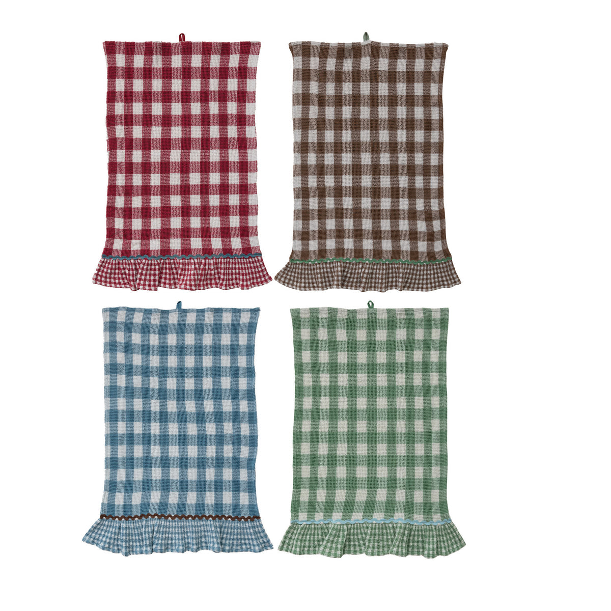 Gingham ruffle cotton tea towels in red, brown, blue and green with ric rac trim

