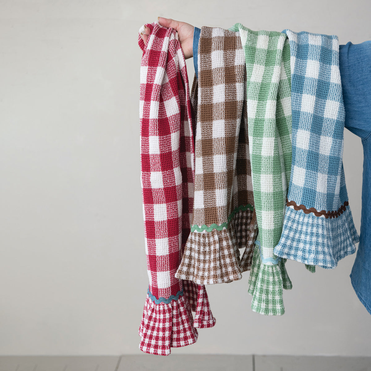 Red brown sage green and dusty blue gingham cotton tea towels with ruffled hems