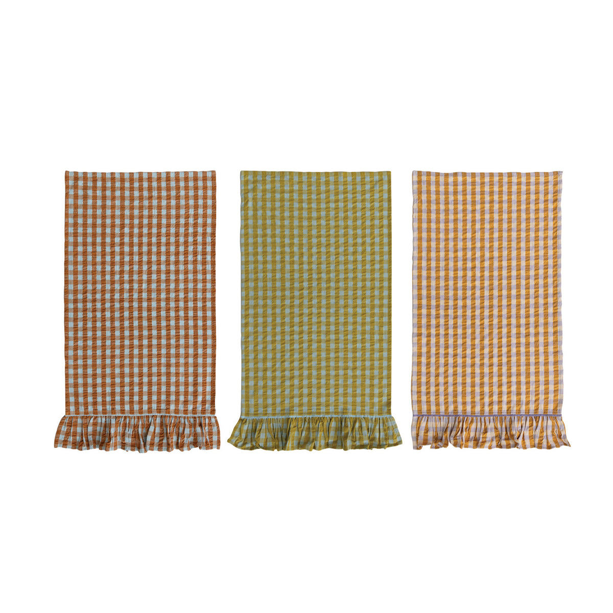 Cottage Check cotton ruffle tea towels in cinnamon, olive and golden plum